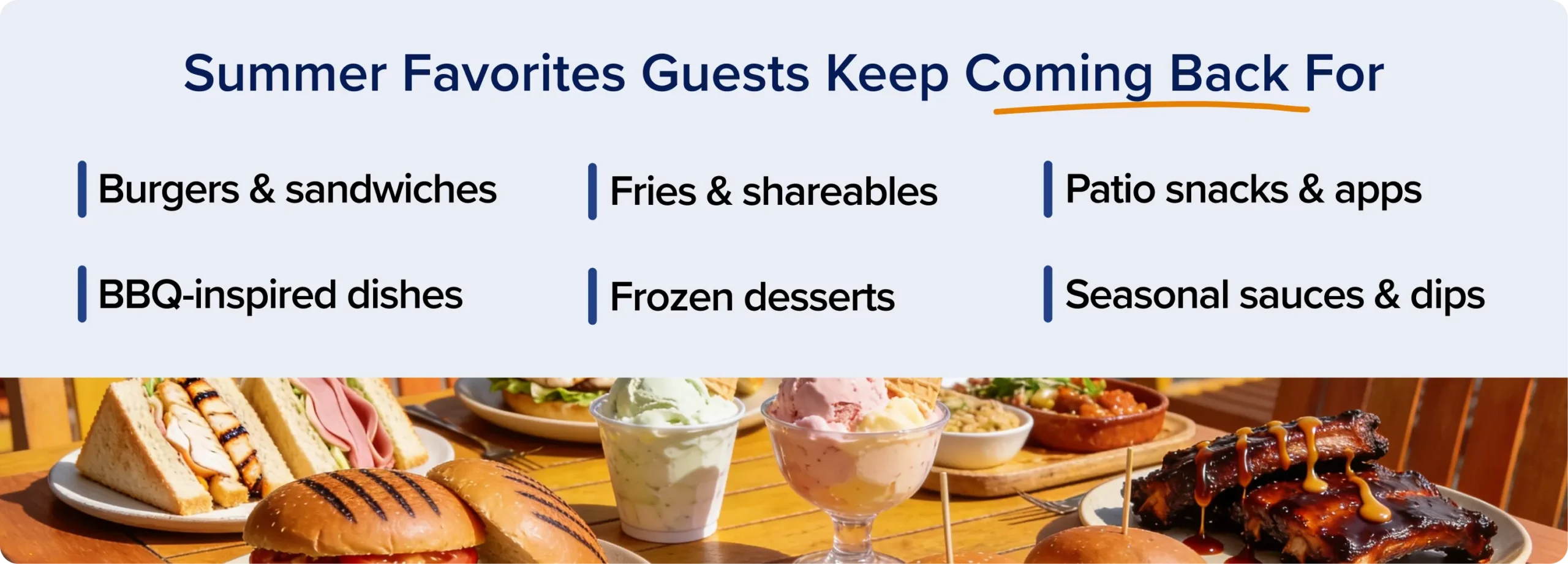 Summer restaurant menu favorites including burgers, fries, BBQ dishes, frozen desserts, patio snacks, and seasonal sauces.