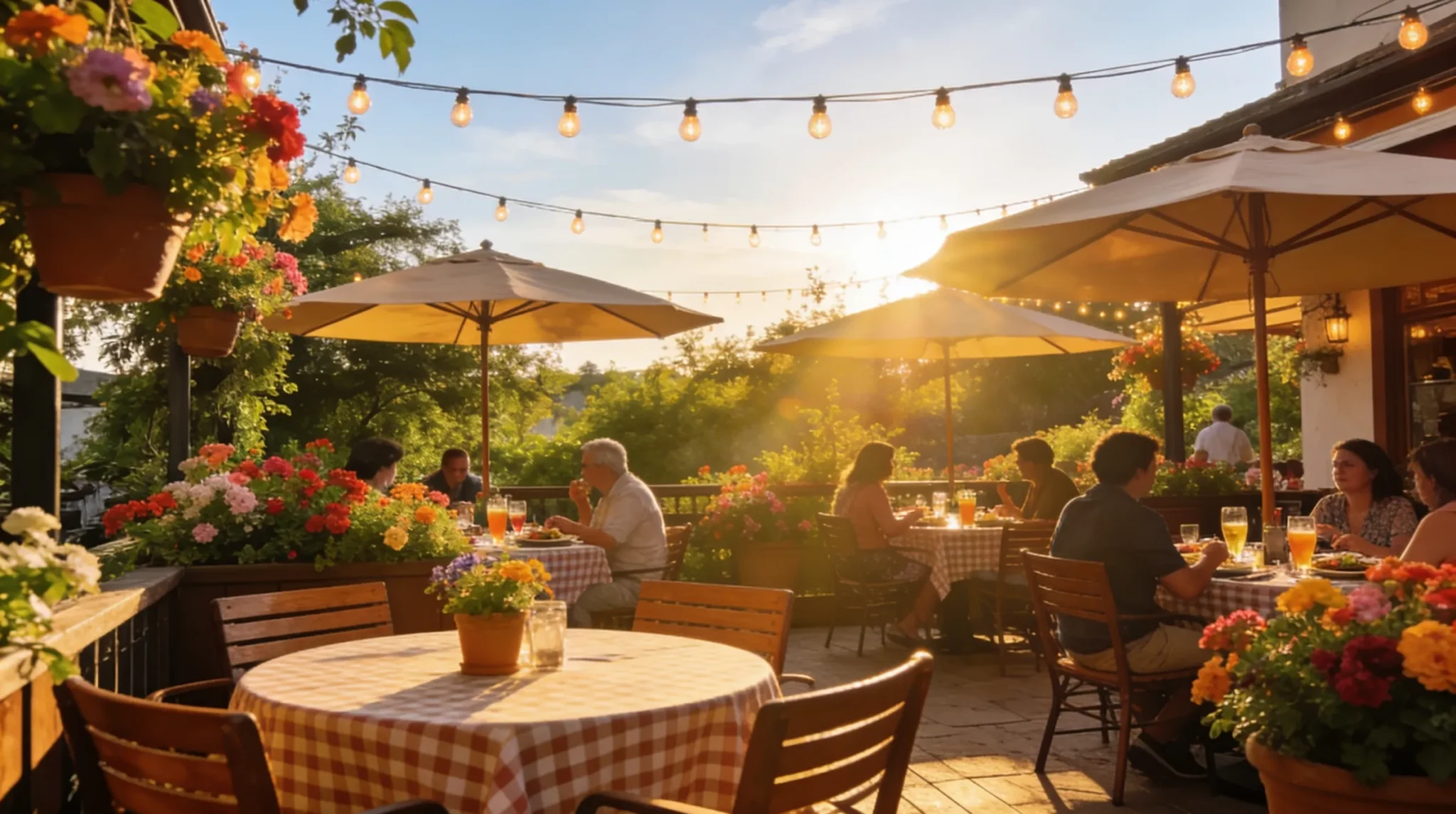 Outdoor restaurant patio dining scene with guests enjoying meals during summer under string lights and umbrellas.