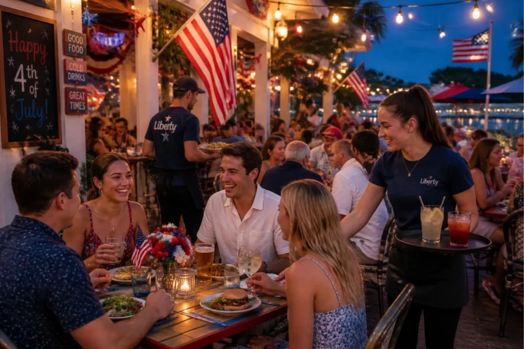 Guests enjoy food and drinks on a busy restaurant patio decorated with American flags during a Fourth of July celebration.