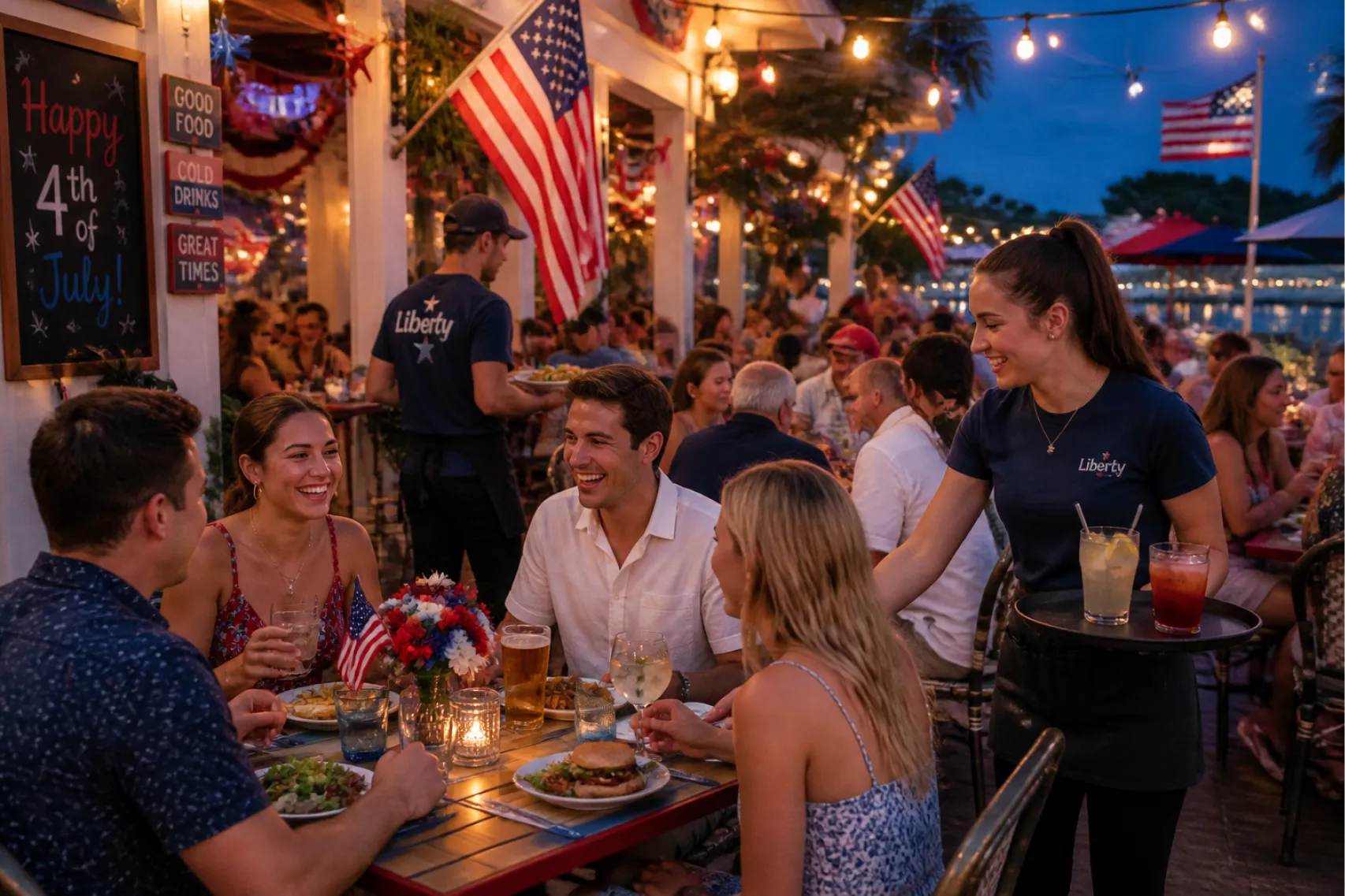 Guests enjoy food and drinks on a busy restaurant patio decorated with American flags during a Fourth of July celebration.