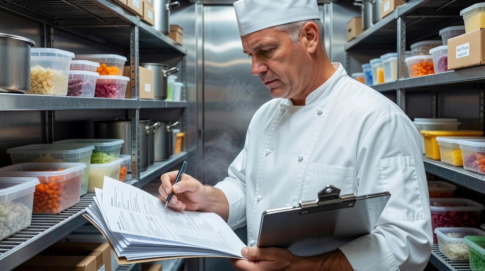 Restaurant manager reviewing inventory levels and food storage in a walk-in cooler.
